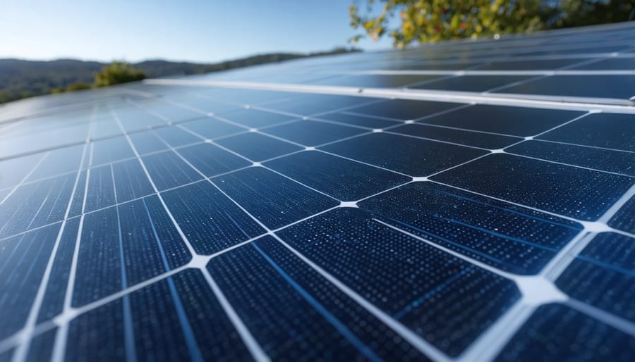 Close-up of damaged solar panel showing hot spots and cell degradation