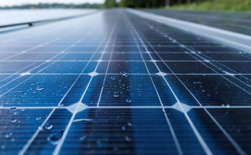Close-up of a solar panel’s laminated edge showing transparent encapsulant over blue photovoltaic cells with water droplets on the outer glass, blurred rows of panels and cloudy sky in the background, lit by soft diffused daylight