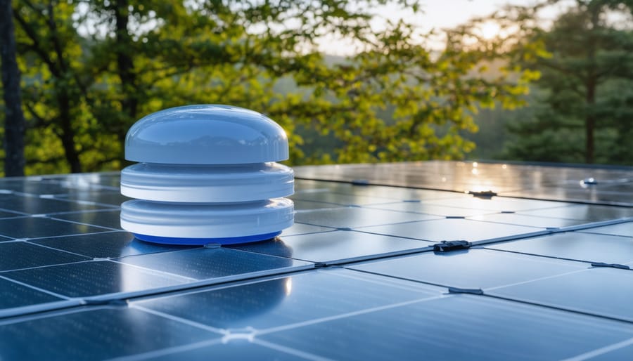 Cross-section view of solar panel showing transparent encapsulation layers protecting blue silicon solar cells