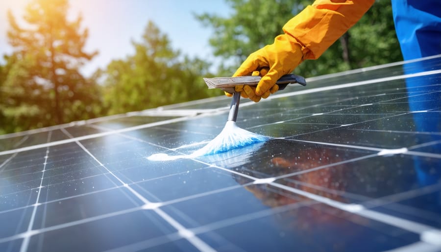 Homeowner performing routine maintenance cleaning on residential solar panels