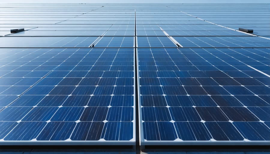 Close-up detail of solar panel crystalline cells showing manufacturing quality