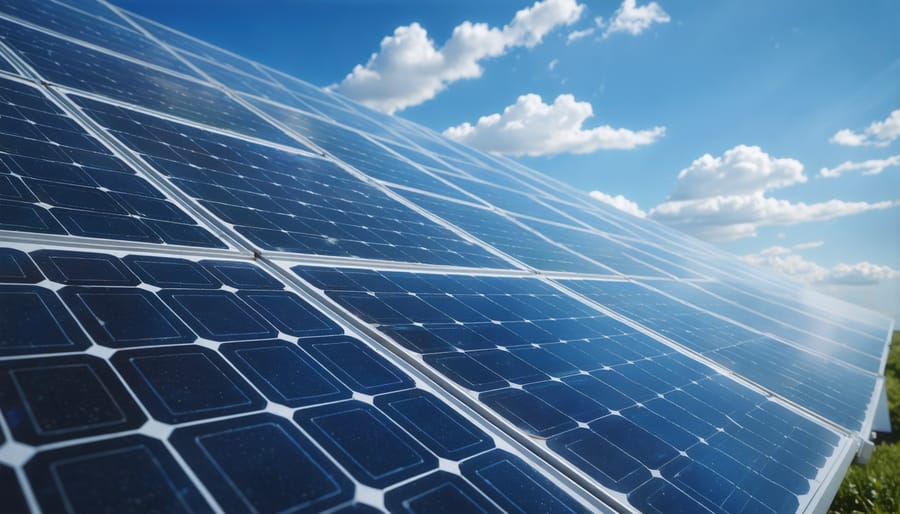 Separated components of a solar panel showing glass, silicon cells, and metal contacts