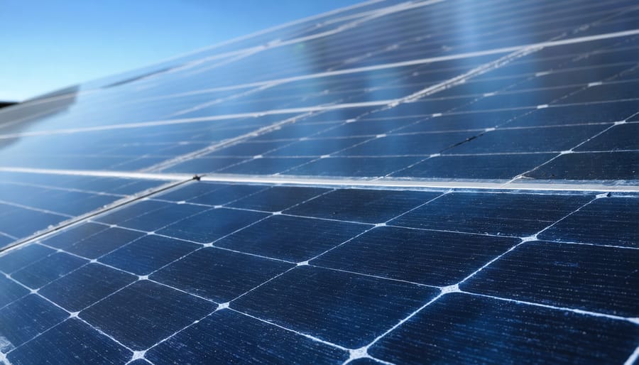 Disassembled solar panel components showing recyclable materials including glass, silicon, and metals