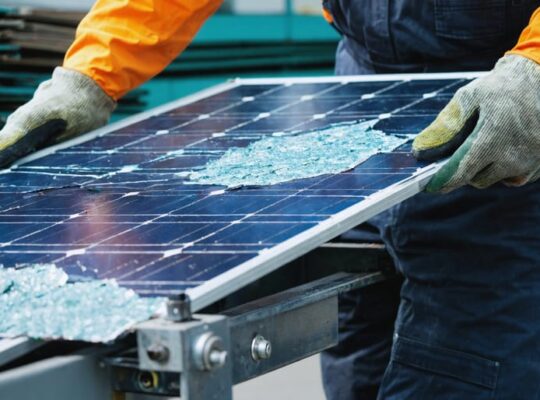 Worker in safety gear lifting a cracked solar panel onto a conveyor inside a recycling facility, with stacks of decommissioned panels and sorting machinery softly blurred in the background under diffused daylight.