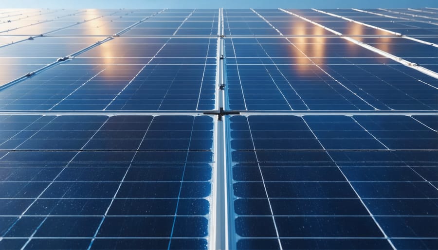 Aerial view of solar panel array showing temperature variations across installation