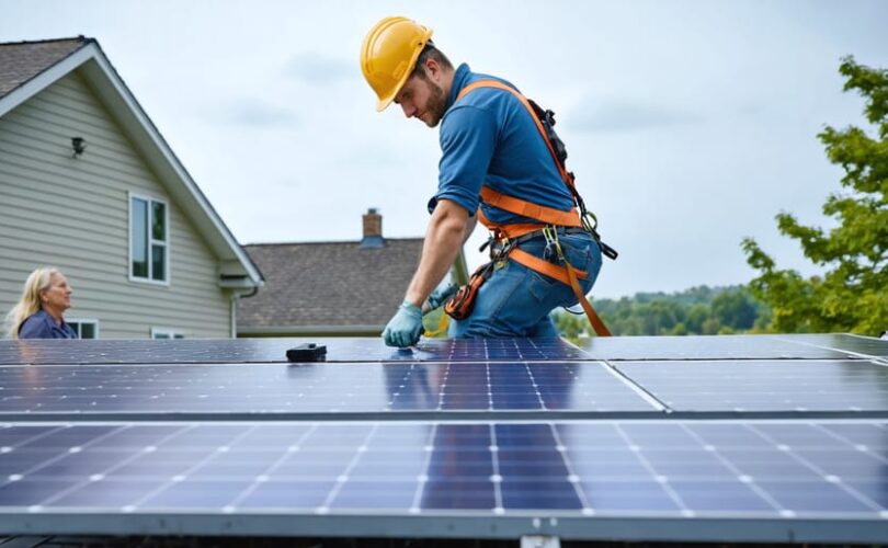 Technician in safety harness inspecting residential rooftop solar panels with a homeowner nearby, under soft daylight, with suburban houses and trees blurred in the background