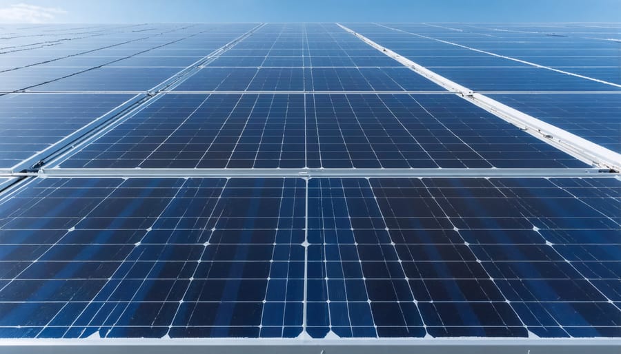 Large stack of decommissioned solar panels at industrial recycling facility
