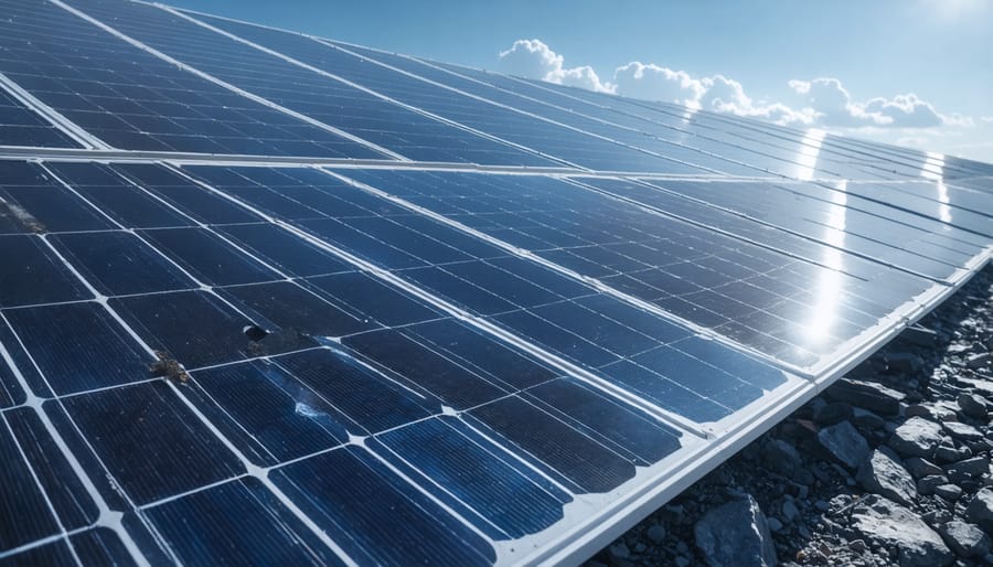 Stack of decommissioned solar panels at recycling facility awaiting processing