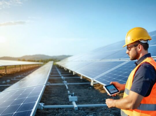 Technician in safety gear inspecting a module in a utility-scale solar farm at golden hour, with rows of bifacial panels and a distant substation and hills softly blurred in the background.