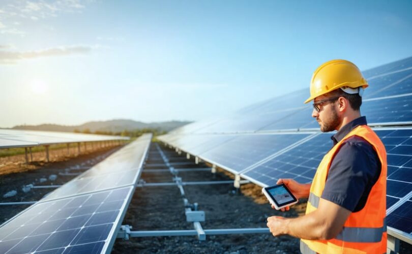 Technician in safety gear inspecting a module in a utility-scale solar farm at golden hour, with rows of bifacial panels and a distant substation and hills softly blurred in the background.