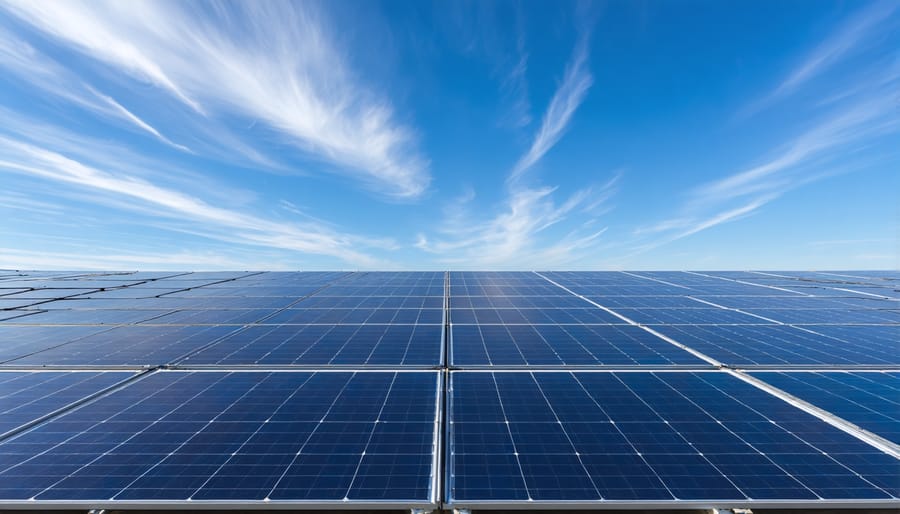 Solar panel array installed on industrial manufacturing facility rooftop