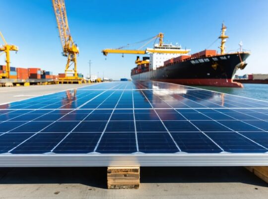 Palletized solar panels on a seaport dock in late-afternoon light with blurred gantry cranes and a container ship in the background, no visible logos or text.