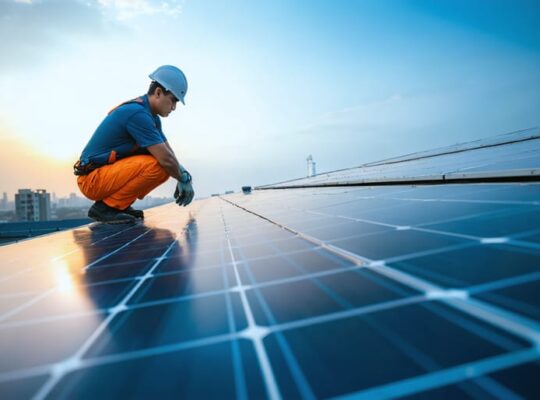 Technician kneeling beside rooftop solar panels showing partial shading from HVAC vents and light dust, with city skyline and inverter cabinet softly blurred in the background under golden-hour light.