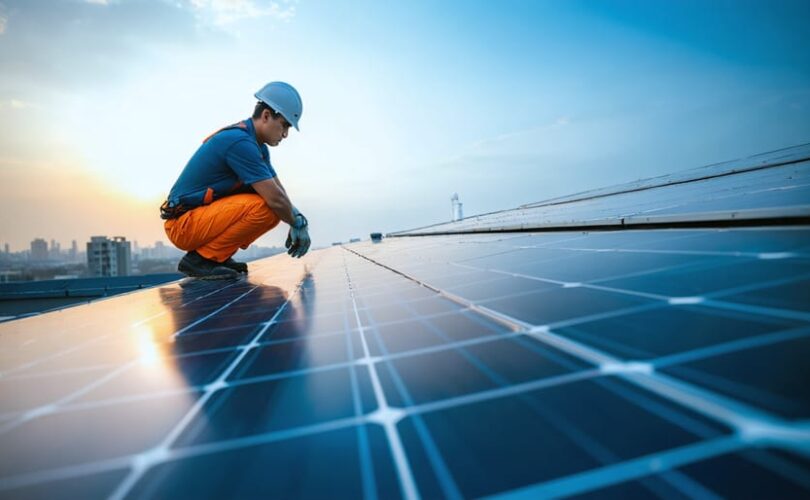 Technician kneeling beside rooftop solar panels showing partial shading from HVAC vents and light dust, with city skyline and inverter cabinet softly blurred in the background under golden-hour light.
