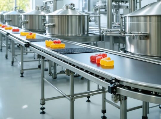 Industrial HHC gummies production line with stainless-steel kettles and a conveyor of small cube-shaped gummies, daylight streaming through large windows, and ground-mounted solar panels visible outside.