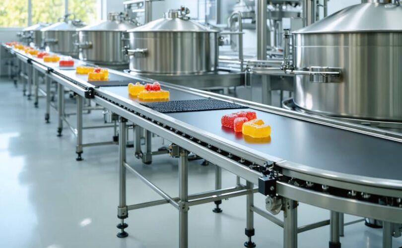 Industrial HHC gummies production line with stainless-steel kettles and a conveyor of small cube-shaped gummies, daylight streaming through large windows, and ground-mounted solar panels visible outside.