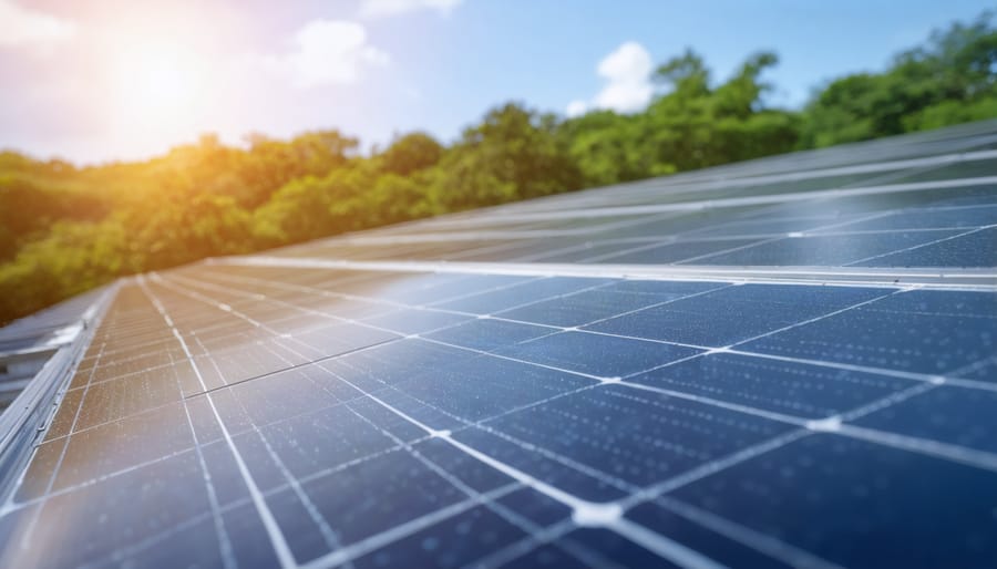 Solar installation technician using tablet to configure smart solar system on residential rooftop