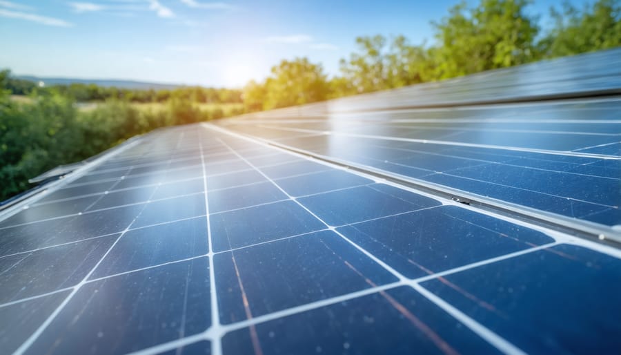 Solar technician installing photovoltaic panel on rooftop during sunset