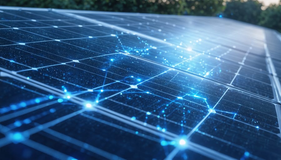 Solar installation professional working with digital technology on solar panel array