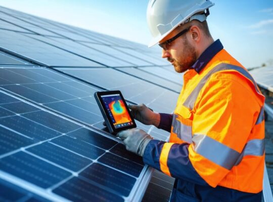 Technician in safety gear using a thermal imager and tablet to inspect rows of solar panels at a utility-scale farm during golden hour, with inverter housings and a service truck in the background.