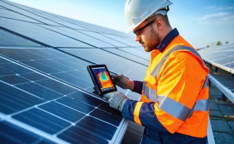 Technician in safety gear using a thermal imager and tablet to inspect rows of solar panels at a utility-scale farm during golden hour, with inverter housings and a service truck in the background.