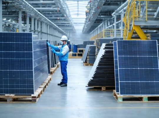 Technician in protective gear examining stacked end-of-life solar panels inside a recycling facility with conveyors and glass collection bins in the background under soft, diffused daylight.