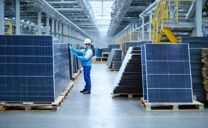 Technician in protective gear examining stacked end-of-life solar panels inside a recycling facility with conveyors and glass collection bins in the background under soft, diffused daylight.
