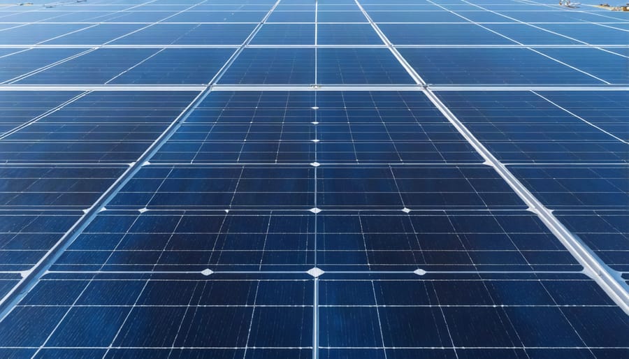 Technician in protective equipment processing solar panel at recycling facility