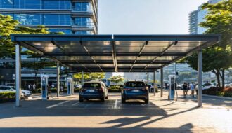 Low-angle view of a large solar carport shading parked cars and pedestrians at sunset, with EV chargers, trees, and a soft city skyline in the background.