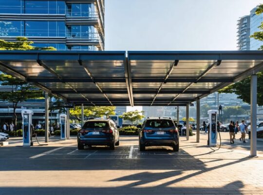 Low-angle view of a large solar carport shading parked cars and pedestrians at sunset, with EV chargers, trees, and a soft city skyline in the background.