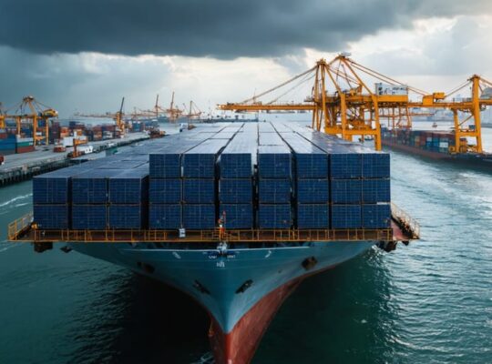Gantry crane at a busy seaport loading shrink-wrapped stacks of solar panels onto a container ship as sunlight breaks through storm clouds, with cranes, stacked containers, trucks, and choppy harbor water in the background.