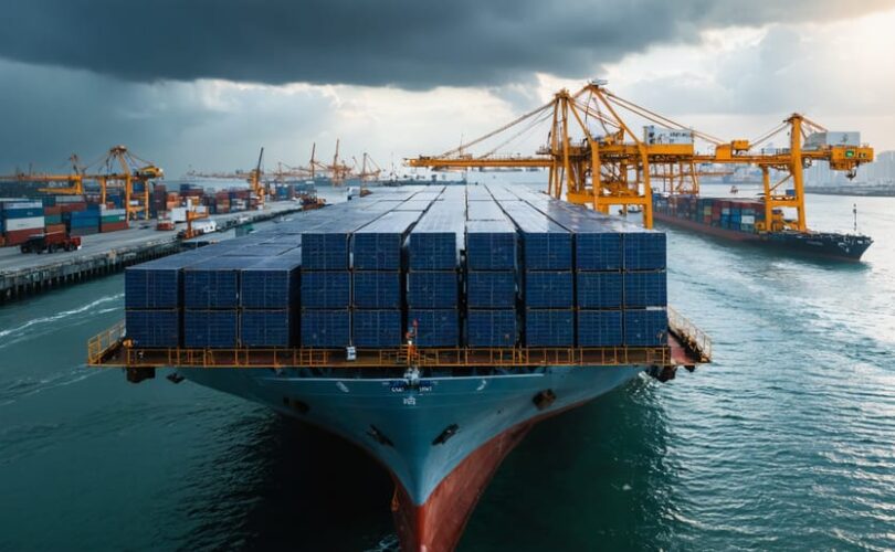 Gantry crane at a busy seaport loading shrink-wrapped stacks of solar panels onto a container ship as sunlight breaks through storm clouds, with cranes, stacked containers, trucks, and choppy harbor water in the background.