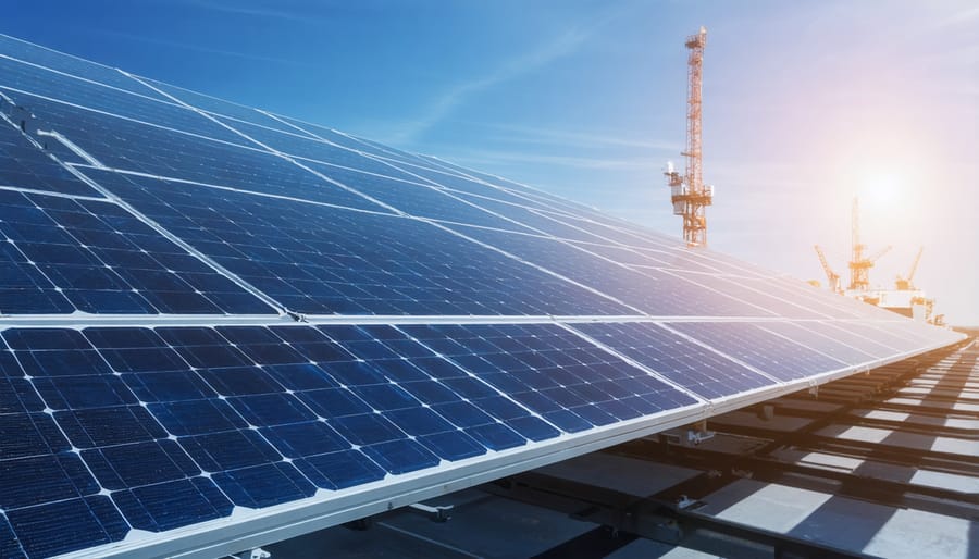 Aerial view of busy cargo port with shipping containers and solar panel freight