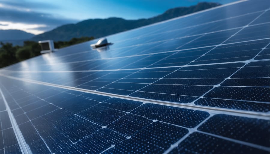 Solar technician reviewing monitoring data on tablet while inspecting rooftop solar installation