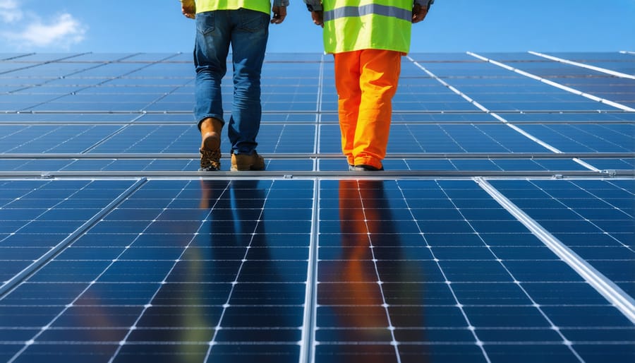 Solar technicians examining equipment in workshop showing impact of workforce turnover