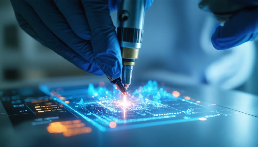 Solar technician using advanced digital diagnostic equipment on commercial solar array