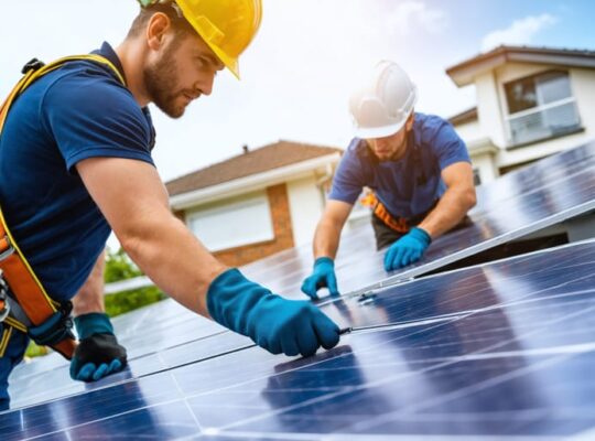 Trainee solar installer on a residential roof securing a photovoltaic panel while a mentor points at the racking, both in harnesses and hard hats, with suburban houses softly blurred in the background under warm late-afternoon light.