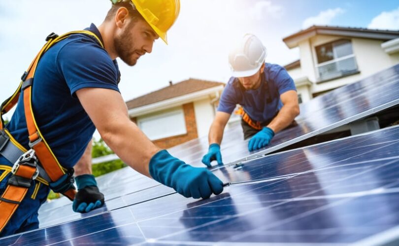 Trainee solar installer on a residential roof securing a photovoltaic panel while a mentor points at the racking, both in harnesses and hard hats, with suburban houses softly blurred in the background under warm late-afternoon light.