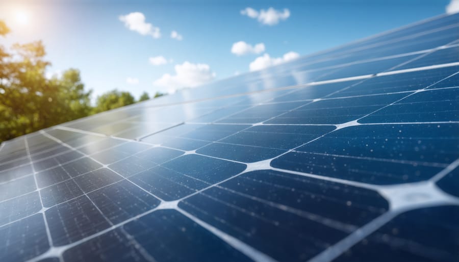 Engineer inspecting solar panel in modern manufacturing facility emphasizing sustainable design