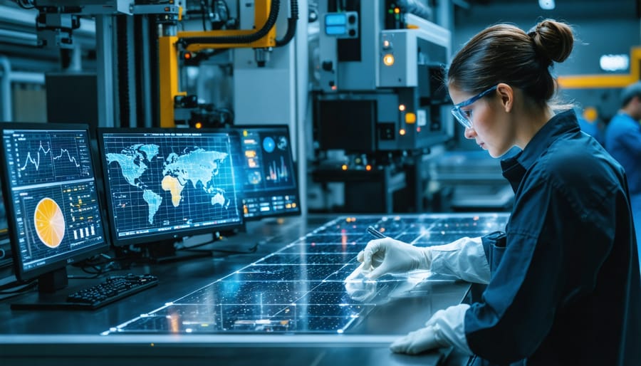 Technician in cleanroom suit monitoring automated manufacturing systems on computer screens