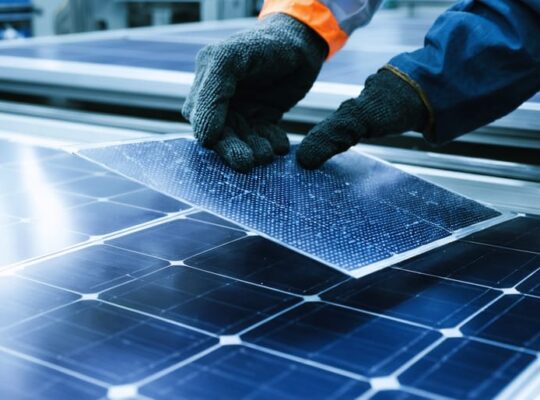 Gloved technician holding an ultra-thin silicon wafer above a tray of solar cells, with a softly blurred solar manufacturing line in the background under cool, diffused daylight.