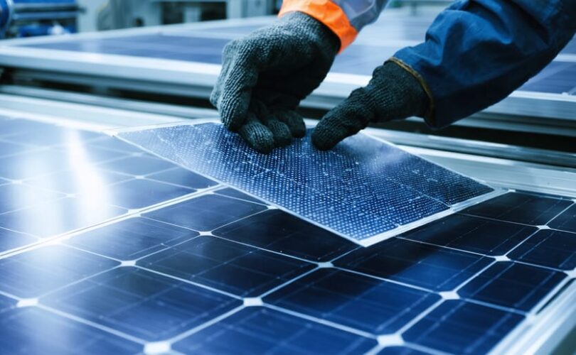 Gloved technician holding an ultra-thin silicon wafer above a tray of solar cells, with a softly blurred solar manufacturing line in the background under cool, diffused daylight.