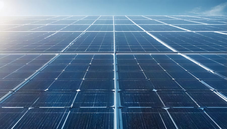 Large electrical transmission tower with power lines against blue sky