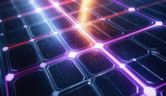 Close-up of a monocrystalline solar cell with deep red and violet light beams meeting on the textured surface in a dark studio, with blurred lab optics in the background.
