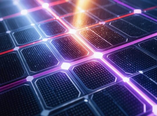 Close-up of a monocrystalline solar cell with deep red and violet light beams meeting on the textured surface in a dark studio, with blurred lab optics in the background.