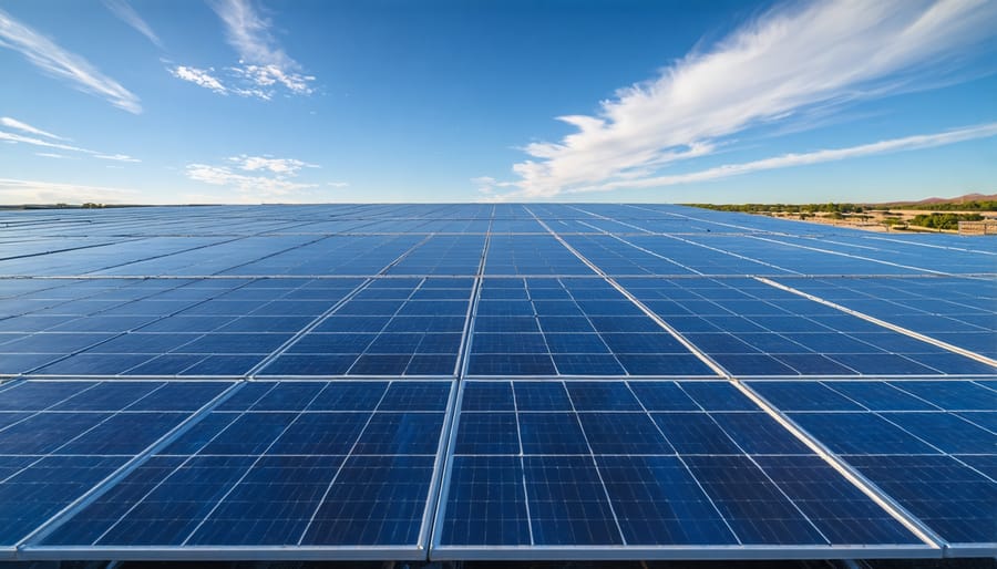 Aerial view of large-scale solar power plant with rows of photovoltaic panels extending across the landscape