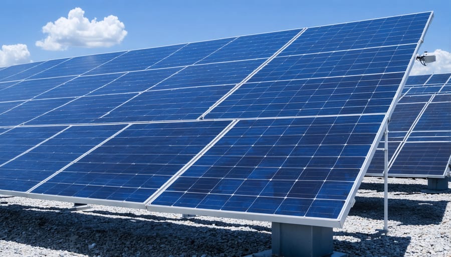 Large-scale solar farm with extensive rows of panels under golden hour lighting