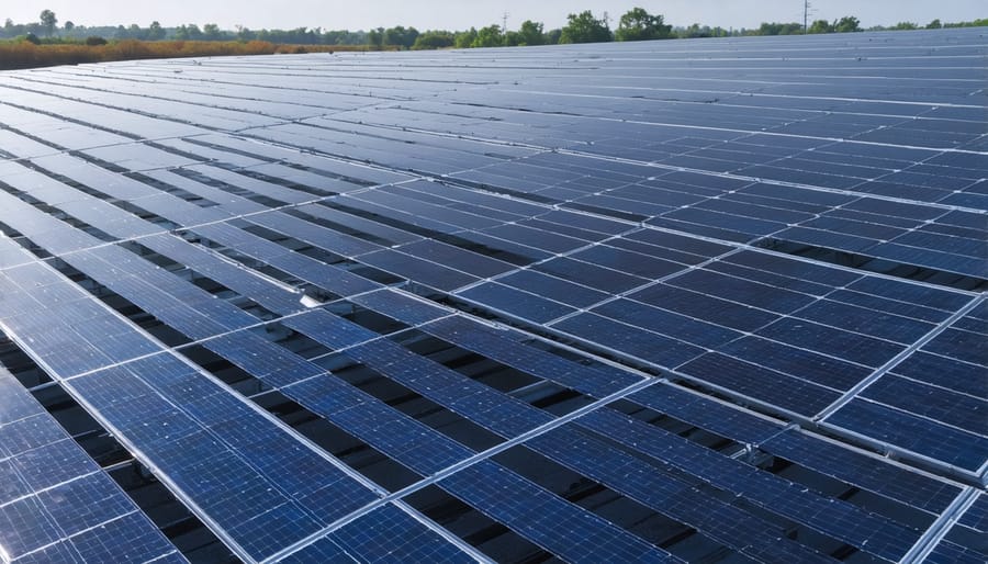 Vast utility-scale solar farm with rows of panels extending across landscape at sunset