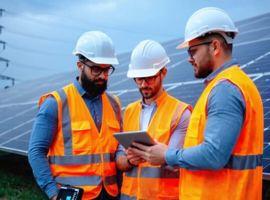 Diverse solar engineers and technicians in safety gear examine a utility-scale photovoltaic array with a tablet and meter near an inverter skid at sunset, with long panel rows and a distant substation visible.