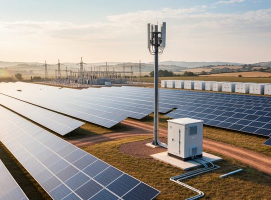 Aerial three-quarter view of a solar farm with rows of photovoltaic panels in warm sunlight, a nearby 5G cellular tower and small equipment cabinet, with a substation and rolling hills in the background.